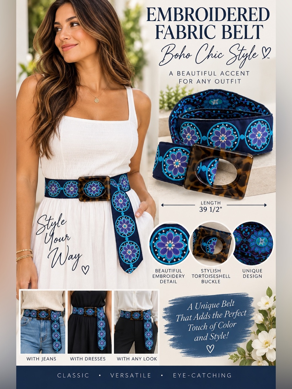 WOMEN'S WIDE WAIST BELT Blue Floral Boho Embroidered Adjustable Buckle